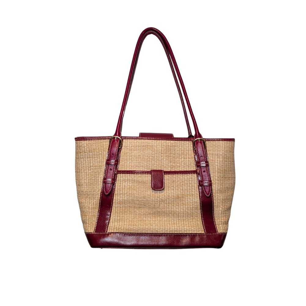 Maxx New York Women’s Raffia Straw Red Leather Large Tote Shoulder Handbag Boho - Picture 2 of 16